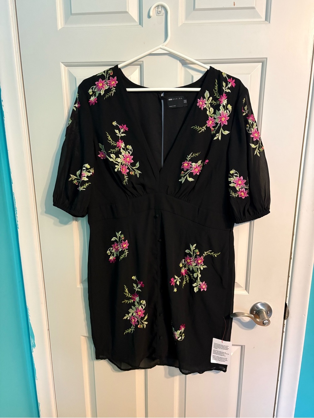Black Floral V-Neck Dress with Pink Embroidery & Detachable Belt